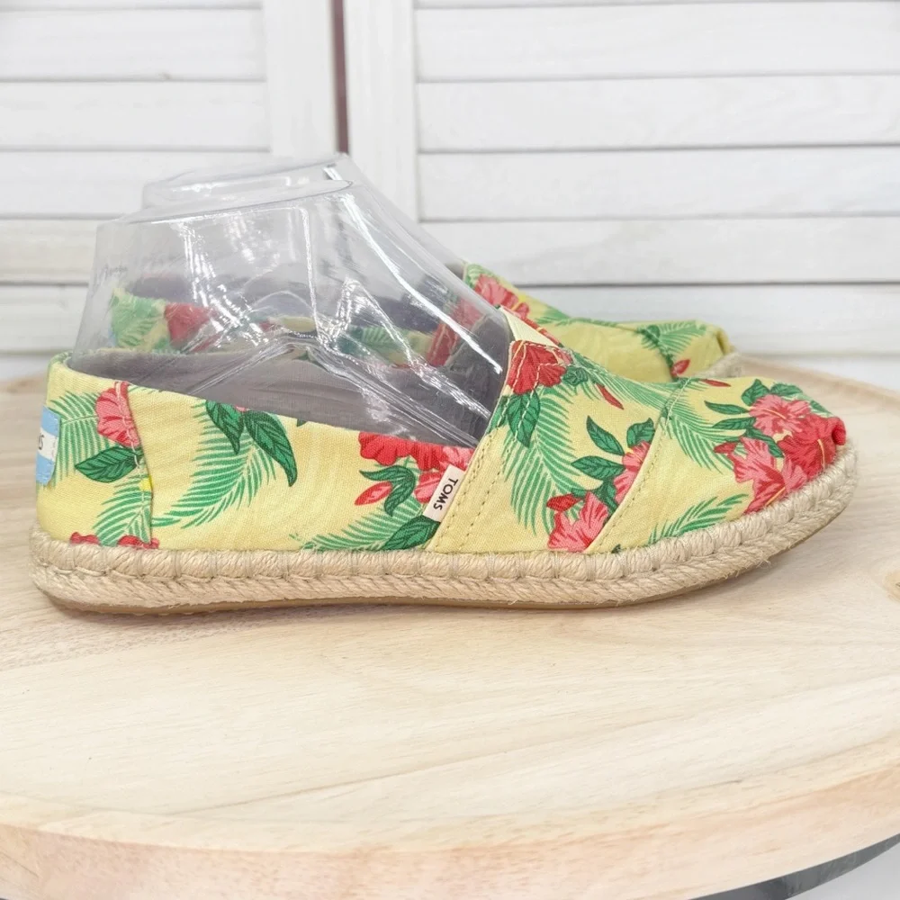 Toms Alpargata Tropical Flower Print Espadrille Canvas Slip On‎ Shoes Yellow 5.5